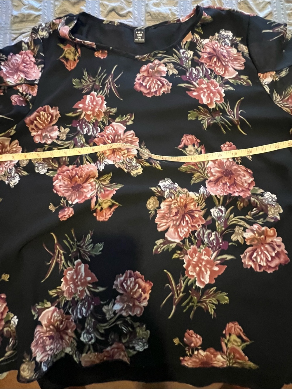 Floral Black Top with Pink Rose Print, sheer layers